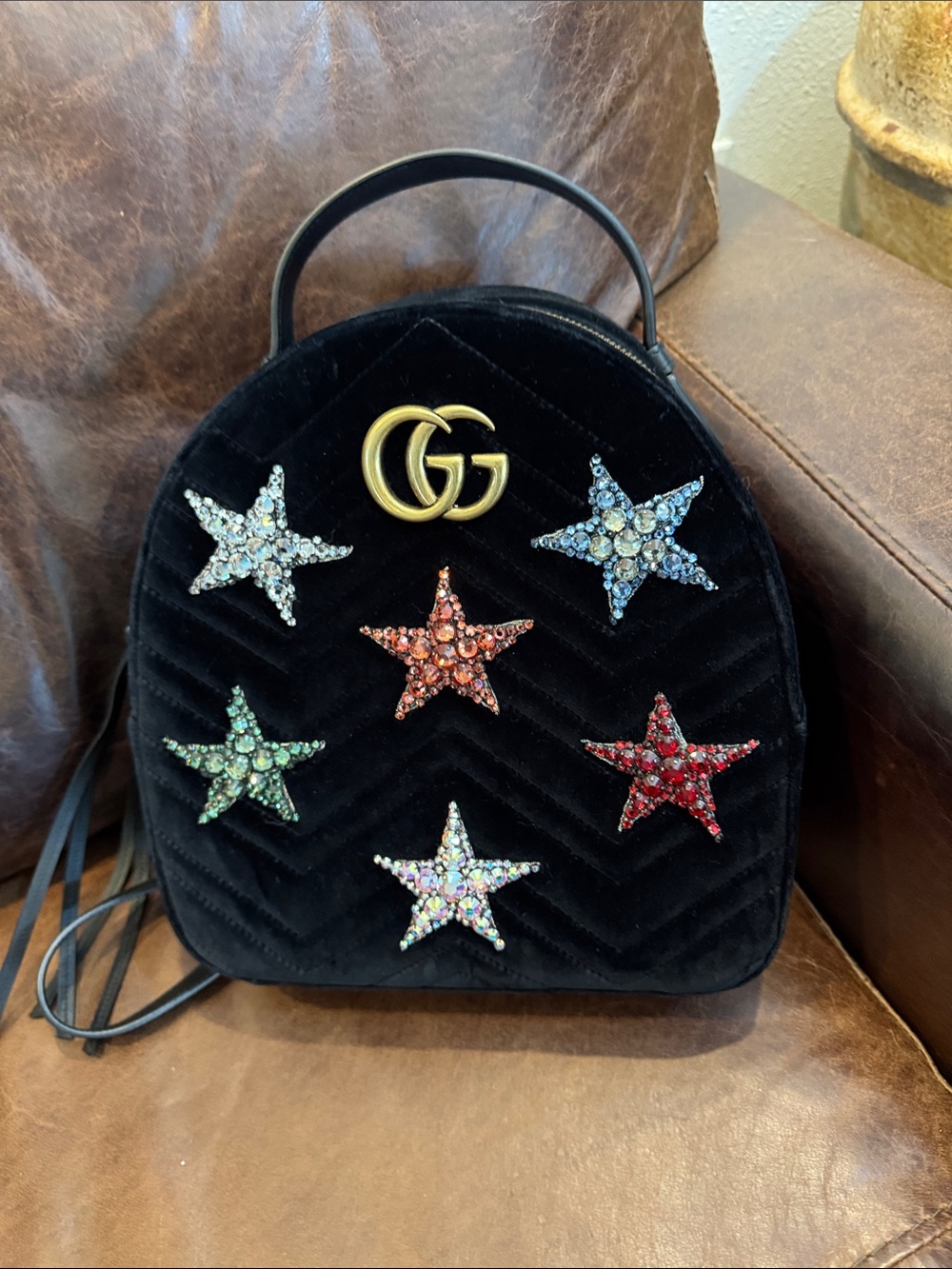 Gucci Black Velvet Mini Backpack with Multicolor Crystal Stars